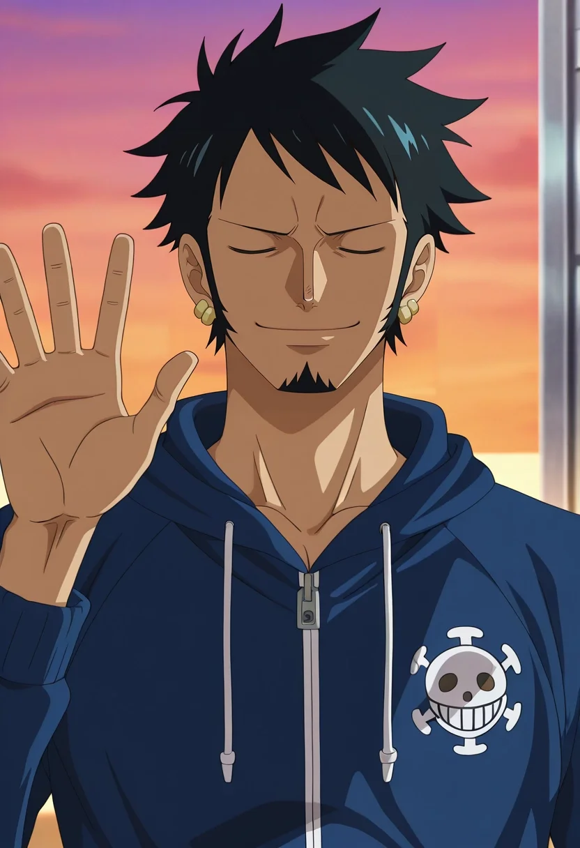 masterpiece, best quality, , anime screencap, anime coloring, official style, , 1boy, solo, male focus, <lora:law_trafalgar_ilxl:0.98>, law_trafalgar, black hair, black eyes, short hair, facial hair, sideburns, long sideburns, goatee, , earrings, , , straight-on, locker room, dusk, waving, (closed eyes:1.2), smile, ,
