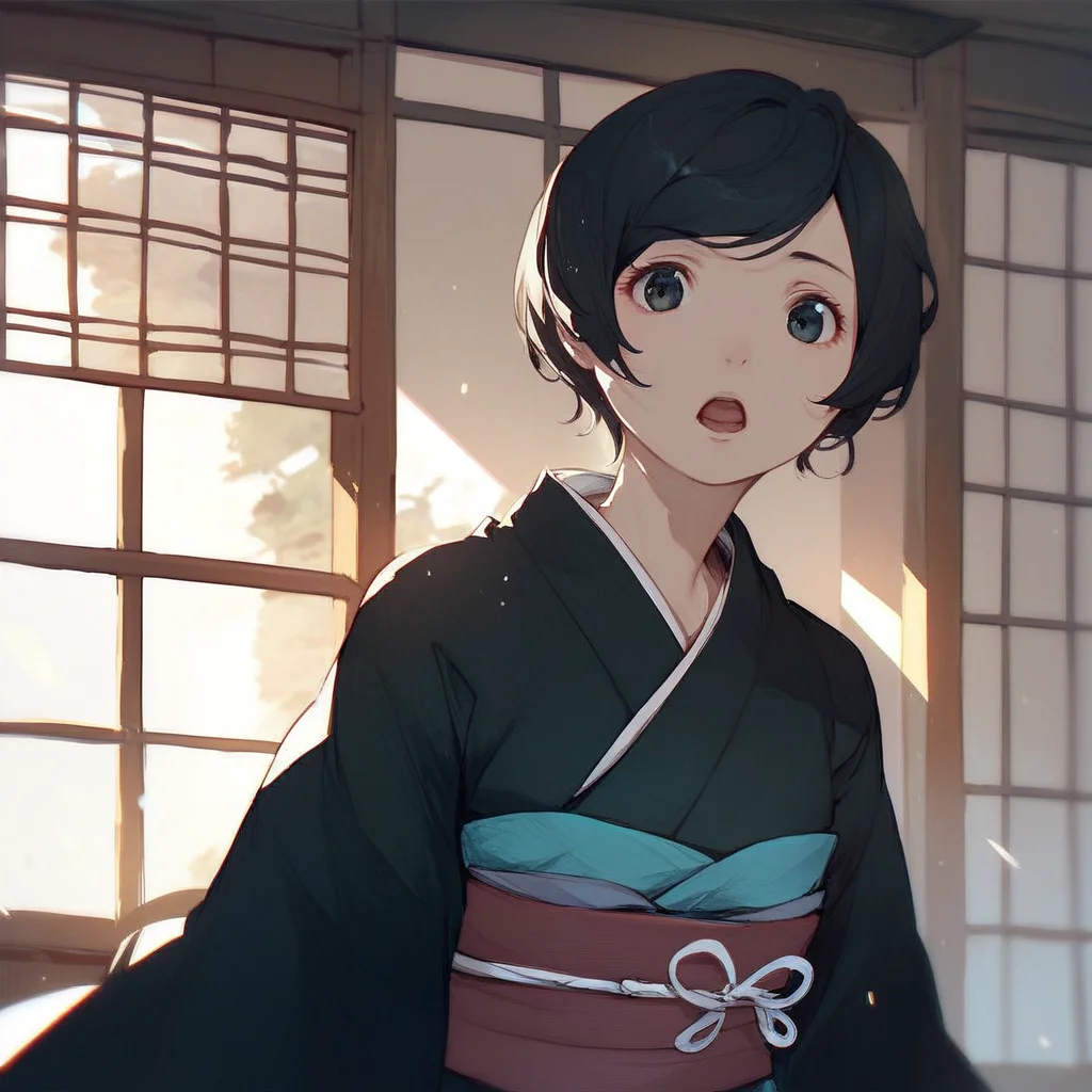 score_9, score_8_up, score_7_up, score_6_up, izana-shinatose, Shidonia-no-Kishi, 1girl, solo, open mouth, short hair, black hair, upper body, japanese clothes, indoors, kimono, sash, window, swept bangs, black kimono, sensitive
