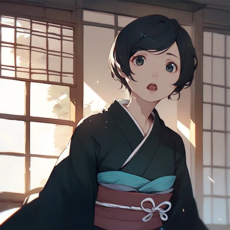score_9, score_8_up, score_7_up, score_6_up, izana-shinatose, Shidonia-no-Kishi, 1girl, solo, open mouth, short hair, black hair, upper body, japanese clothes, indoors, kimono, sash, window, swept bangs, black kimono, sensitive