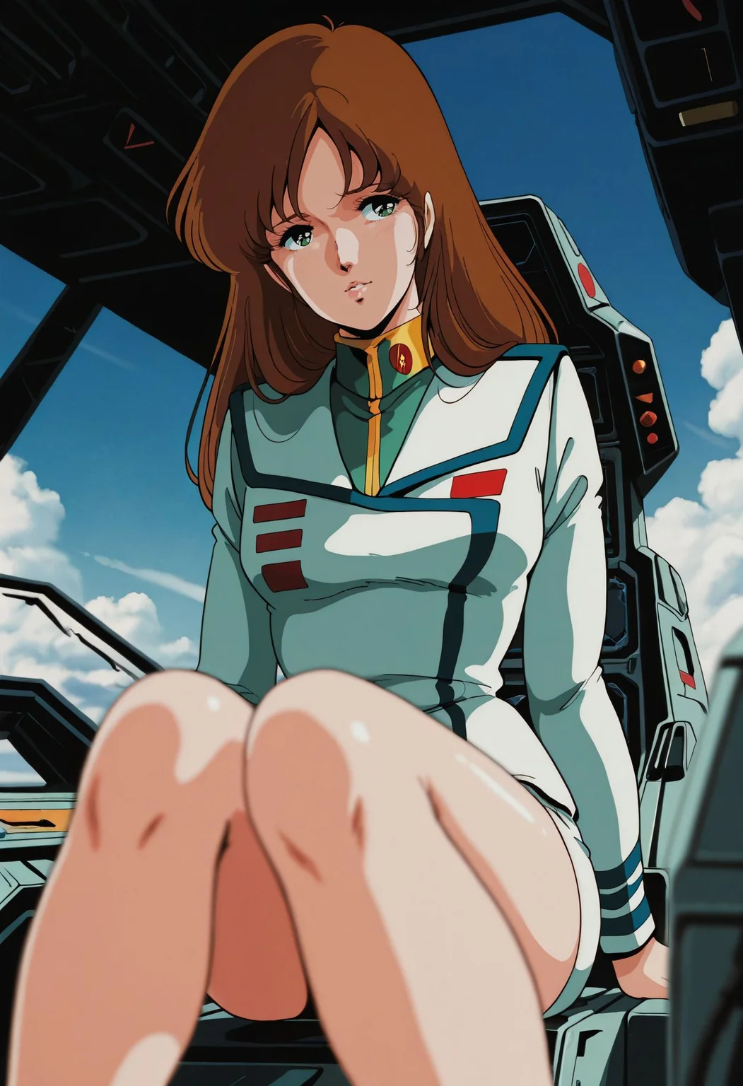 masterpiece,best quality,amazing quality, absurdres, <lora:hayase_misa_the_super_dimension_fortress_macross_ilxl_goofy:1> hayase misa, 1980s \(style\), 1girl, blue sky, blurry, blurry foreground, brown hair, cloud, cockpit, green eyes, legs, long hair, military uniform, official style, retro artstyle, sitting, skirt, sky, variable fighter