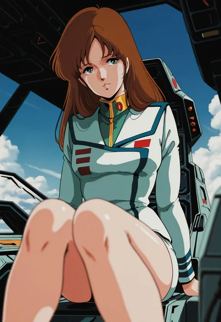 masterpiece,best quality,amazing quality, absurdres, <lora:hayase_misa_the_super_dimension_fortress_macross_ilxl_goofy:1> hayase misa, 1980s \(style\), 1girl, blue sky, blurry, blurry foreground, brown hair, cloud, cockpit, green eyes, legs, long hair, military uniform, official style, retro artstyle, sitting, skirt, sky, variable fighter