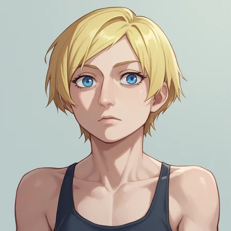 score_8_up, BREAK, Aquiline Nose, 1girl, solo, blonde hair, short hair, blue eyes, tank top, upper body,  <lora:AquilineNose_PXL_Leaf1:1>, front,