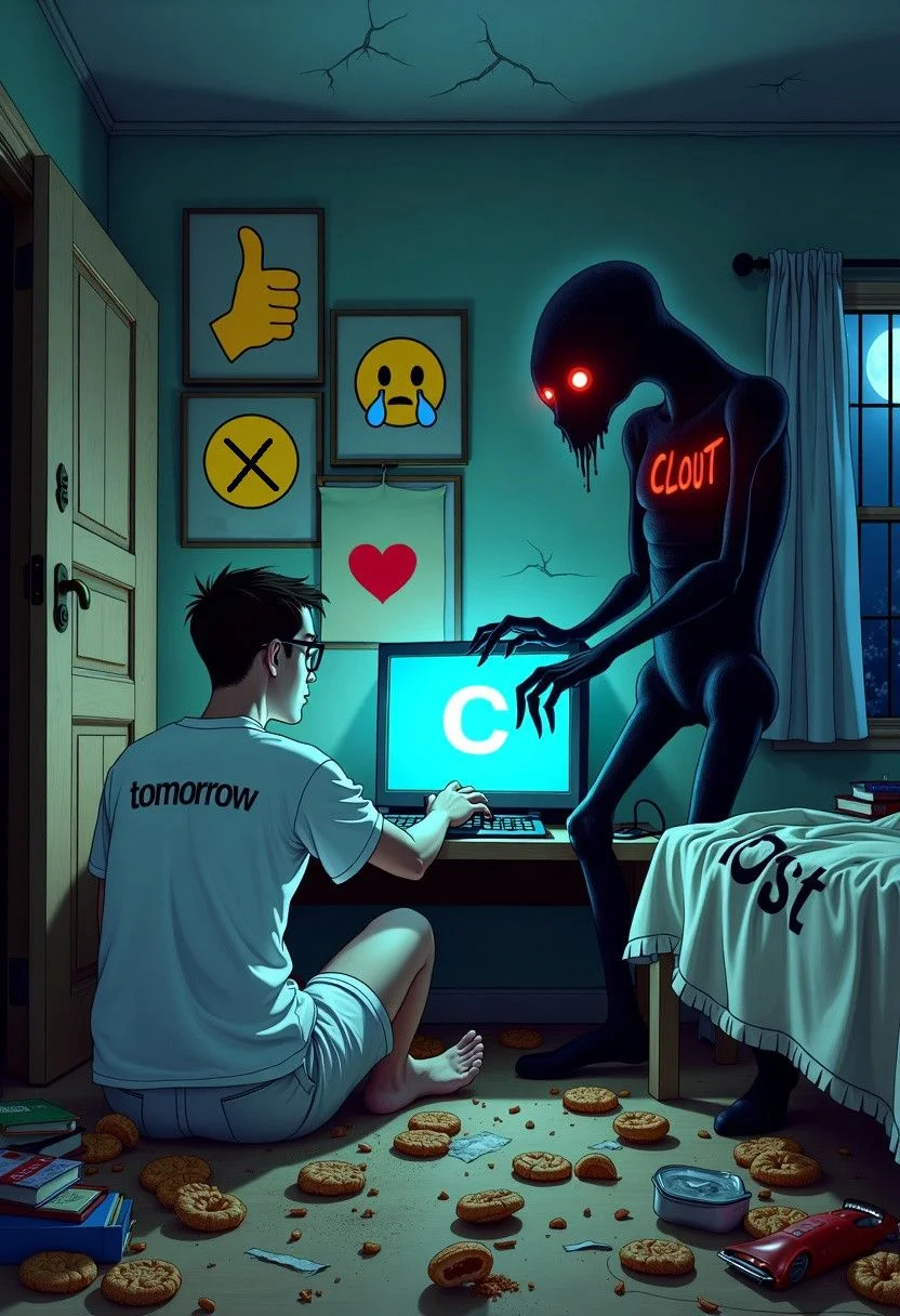 Art style: Horror, often for horror elements, terrifying scenes, or creepy writing.
Description: In a dark, cluttered bedroom, a faceless man sits on the floor amidst scattered snacks. The man wears a white shirt, white shorts, and glasses, with an expressionless face. He is looking at the computer, with no visible eyes and grey skin. There is a black word "tomorrow" on the man's shirt. We only see the man's back.
Shadow Monster: A tall, lanky, weird shape, off-black shadow of smoke with glowing red eyes and “CLOUT” written in bright red across its chest. It is next to the man, putting one of its hands on his shoulder. The monster is standing.
Posters: Four big posters are on the wall next to each other: One yellow thumb up, One red heart, One yellow sad-crying emoji, One yellow joy-crying emoji.
Room Environment: The room features a cracked door and prison bars with curtains drawn back. Moon light from outside illuminates the scene. A glowing blue "C" symbol on a computer adds an eerie light.
Background: Dusty, scattered snacks and books are on the floor. The room is old and has cracks on the walls. It is nighttime. There is a white blanket with the black word "lost" on it.