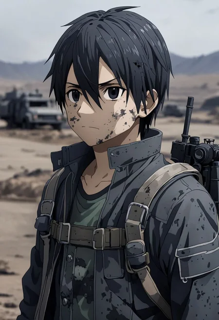 high resolution, professional photography, best quality, 1Boy, Kirigaya Kazuto, Black Hair, Black Eyes, overalldetail, shallow depth of field, Post-Apocalyptic, survival