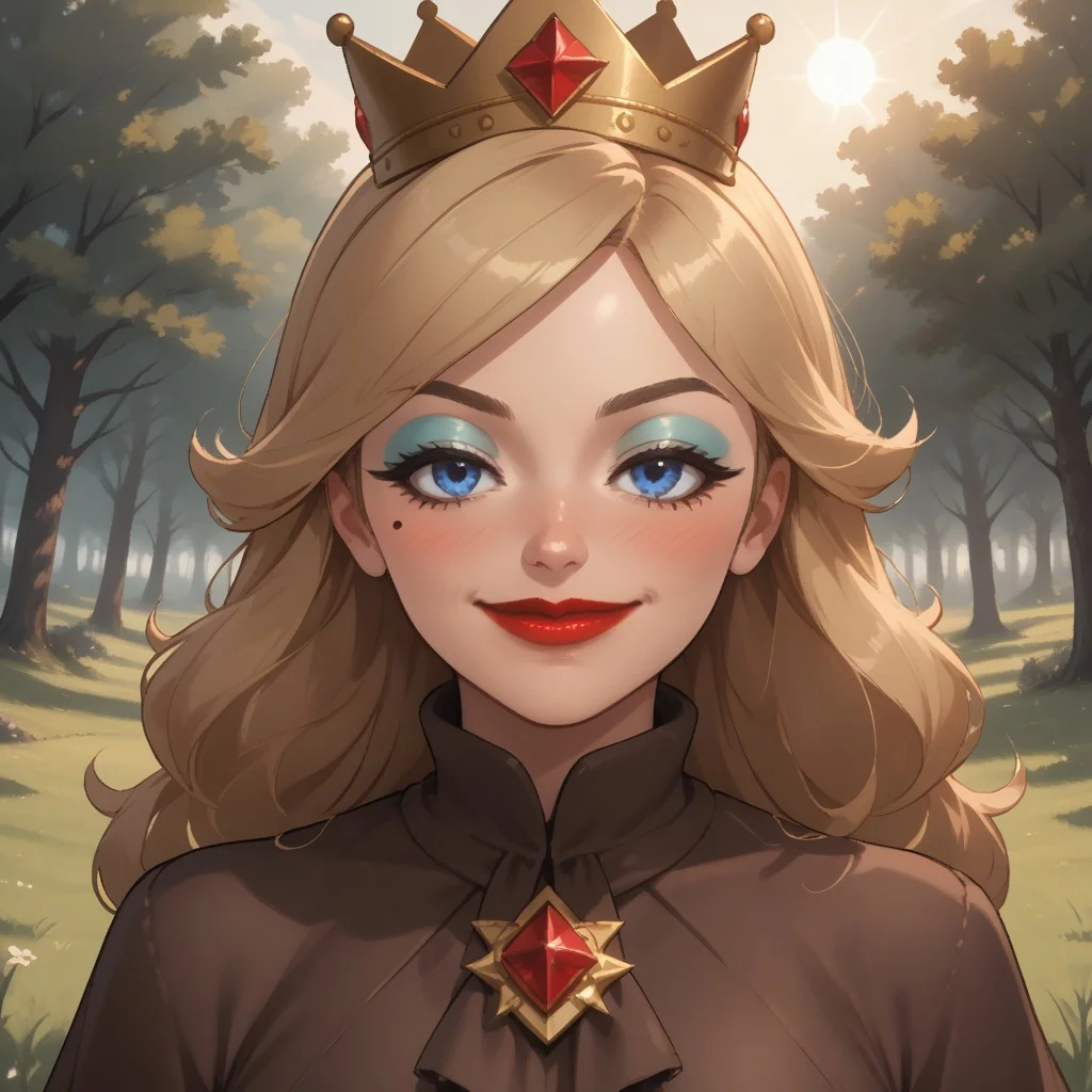 score_9, score_8, BREAK, solo, wii, mii, wii sports, 1girl, female mii, blonde hair, long hair, crown, blue eyes, makeup, blue eyeshadow, blush, mole under eye, red lips, lipstick, brown eyebrows, brown long dress, silver high heels, big breasts, nintendo mii, modern_mii, classic_mii, Empress_Alisha_(OC_Mii), cute, attractive, sexy pose, self portrait, smile, outdoors, sunlight, shadows, evening lighting, natural lighting, forest, trees, grass, orange sky, sunset