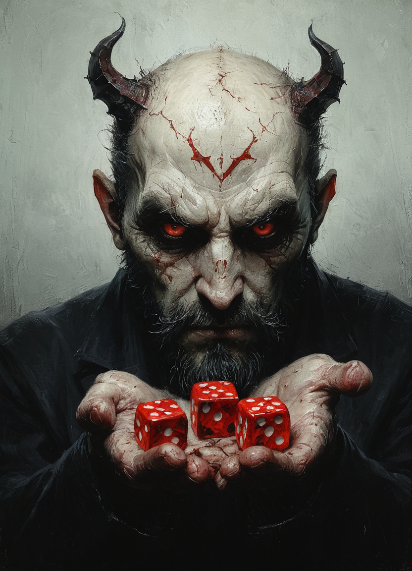 the devil holds out dice to the viewer, dice in his palm,  <lora:dice:0.8>  <lora:Desolation:0.5>