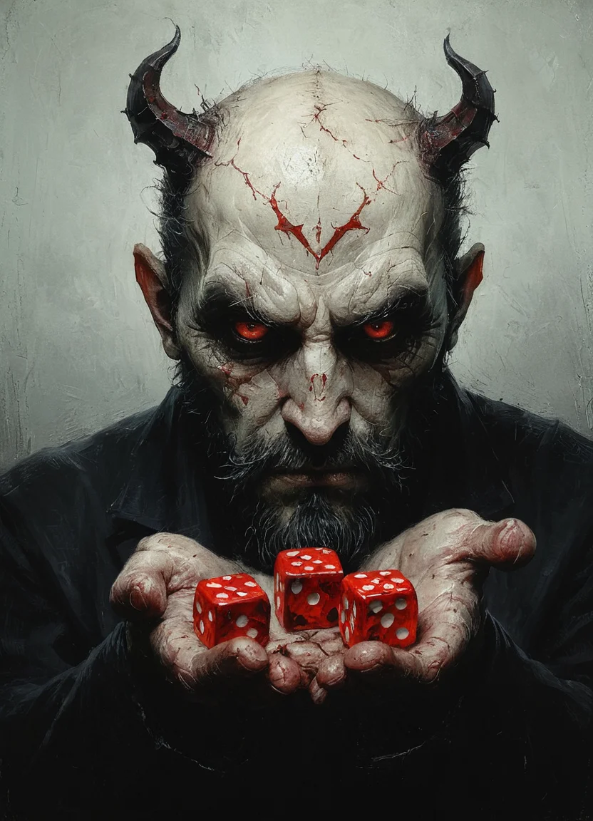 the devil holds out dice to the viewer, dice in his palm, <lora:dice:0.8> <lora:Desolation:0.5>