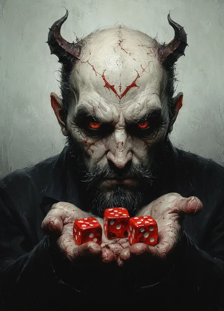 the devil holds out dice to the viewer, dice in his palm,  <lora:dice:0.8>  <lora:Desolation:0.5>