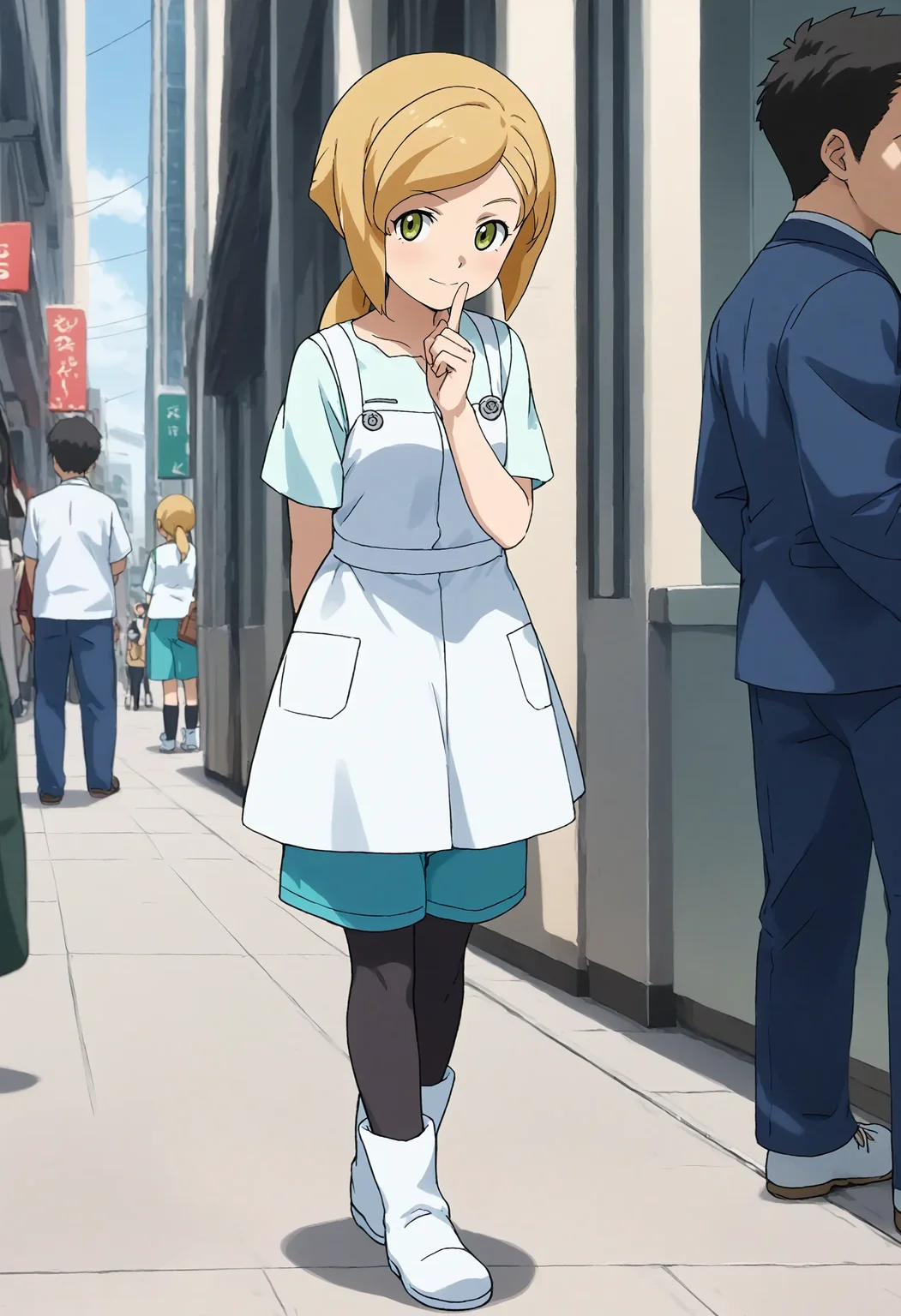 <lora:Hyper-SDXL-8steps-lora:1> <lora:Fixhands_anime_bdsqlsz_V1:1> zPDXL2, score_9, score_8_up, score_7_up, source_anime, intricate details, perfect anatomy BREAK
outdoors, city, tokyo, japan, audience, crowd, standing, hand on own chin, looking at viewer, leaning forward, arm behind back,index finger raised, Confident, Eyes that meet the viewer directly, a slight smile, and a relaxed posture., 1girl, solo, solo focus,
<lora:GAGE-wendy_hearts_XL(pony)v10:1> gage-wendy, blonde hair, low ponytail, GAGE-wendy outfit, white dress, green shorts, black pantyhose, white boots,