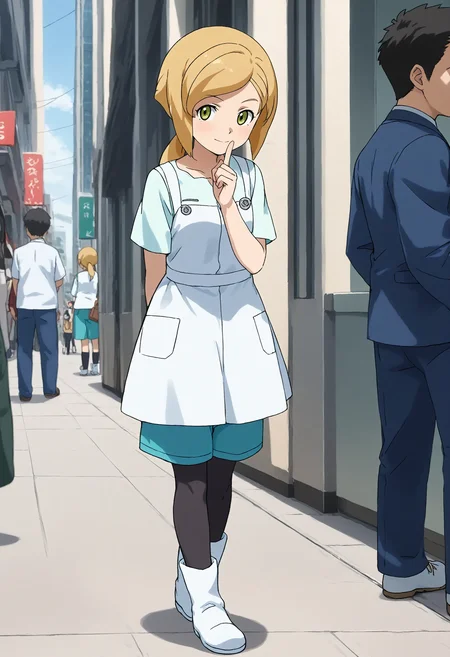 <lora:Hyper-SDXL-8steps-lora:1> <lora:Fixhands_anime_bdsqlsz_V1:1> zPDXL2, score_9, score_8_up, score_7_up, source_anime, intricate details, perfect anatomy BREAK
outdoors, city, tokyo, japan, audience, crowd, standing, hand on own chin, looking at viewer,  leaning forward, arm behind back,index finger raised, Confident, Eyes that meet the viewer directly, a slight smile, and a relaxed posture., 1girl, solo, solo focus, 
<lora:GAGE-wendy_hearts_XL(pony)v10:1> gage-wendy, blonde hair, low ponytail, GAGE-wendy outfit, white dress, green shorts, black pantyhose, white boots,