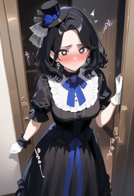 1girl, solo, indoors, in front of door, safe,
dignified black big eyes, ultra detailed eyes, clean skin, shiny hair, black hair, fluffy hair, bangs, medium hair, black gothic frilled dress, sleeves, black long skirt, white gloves, mini top hat, blue ribbon left wrist,
milf, trembling, embarrassed, orgasm, standing, peeing self,
<lora:LoraAngXL4Z_PeeingSoundEffects_v2:1>peeing sound effects,
masterpiece, high score, great score, absurdres.