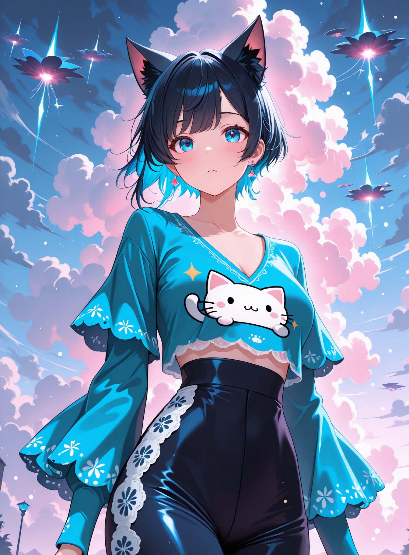 lazypos, cat ears, 1girl,solo, Pixie Cut , Disbelief, V-neck peplum top with flutter sleeves and lace panels. Dreamy Cloudscape with Floating Islands, bokeh, vibrant colors, colored light particles, bloom, cloudy, dreamy atmosphere, fogy, <lora:Nyanku:1> nyanku, nyankupatches