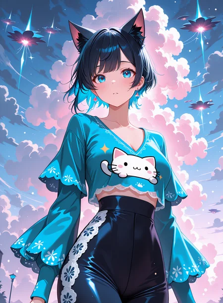 lazypos, cat ears, 1girl,solo, Pixie Cut , Disbelief, V-neck peplum top with flutter sleeves and lace panels. Dreamy Cloudscape with Floating Islands, bokeh, vibrant colors, colored light particles, bloom, cloudy, dreamy atmosphere, fogy, <lora:Nyanku:1> nyanku, nyankupatches
