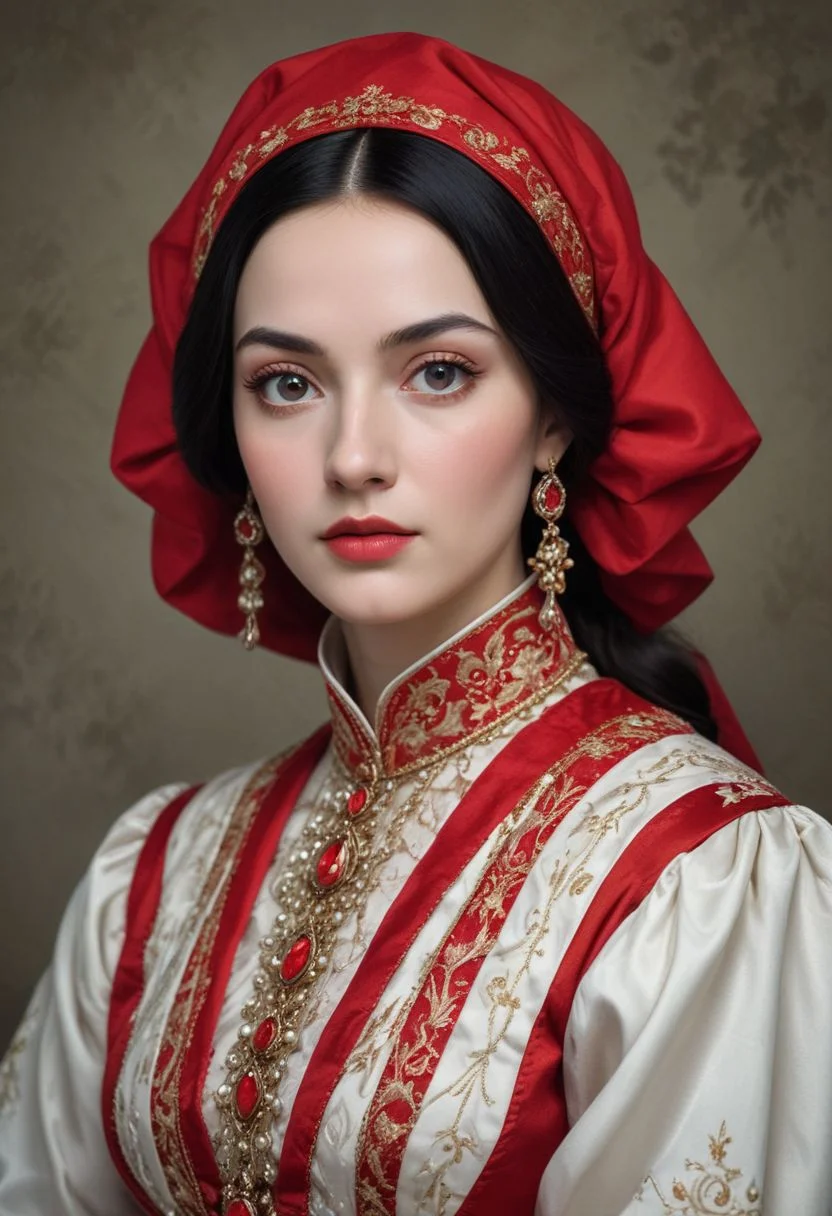 More about Elegant Portrait: Woman in Red and White
An illustrated portrait of a woman with striking eyes and black hair, wearing a red and white historical dress, adorned with elegant jewelry. More about Elegant Portrait: Woman in Red and White
An illustrated portrait of a woman with striking eyes and black hair, wearing a red and white historical dress, adorned with elegant jewelry. 8;548 8=B5@ 2 @><0=5 ;5:A0=4@0 N<0 ""@8 <CH:5B5@0" >?8AK205BAO :0: 65=I8=0 =5>1KG09=>9 :@0A>BK 8 >10O=8O. =0 1K;0 2KA>:>9 8 AB@>9=>9, A @>A:>H=K<8 G5@=K<8 2>;>A0<8 8 ?@>=78B5;L=K<8 :0@8<8 3;070<8. 5 :>60 1K;0 157C?@5G=> 15;>9, 0 3C1K - ?>;=K<8 8 GC2AB25==K<8.