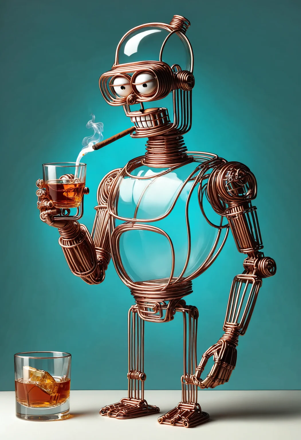 Futurama Bender holding a cigar and a glass of whiskey <lora:dvr-cpwr:1> dvr-cpwr