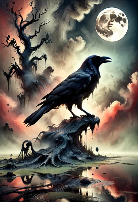 DonM5h4d0wM317XL, swamp under a gloomy sky, with a crow perched on a decayed skull. The full moon behind the crow makes its eyes glow red. Use a dark eerie atmosphere. (Masterpiece:1.2), 8K, perfect symmetry, UHD, ultra resolution, best quality, best details, best artist, sharp edges, detailed textures, full view, atmospheric lighting, visually stunning, perfect composition, trending on behance