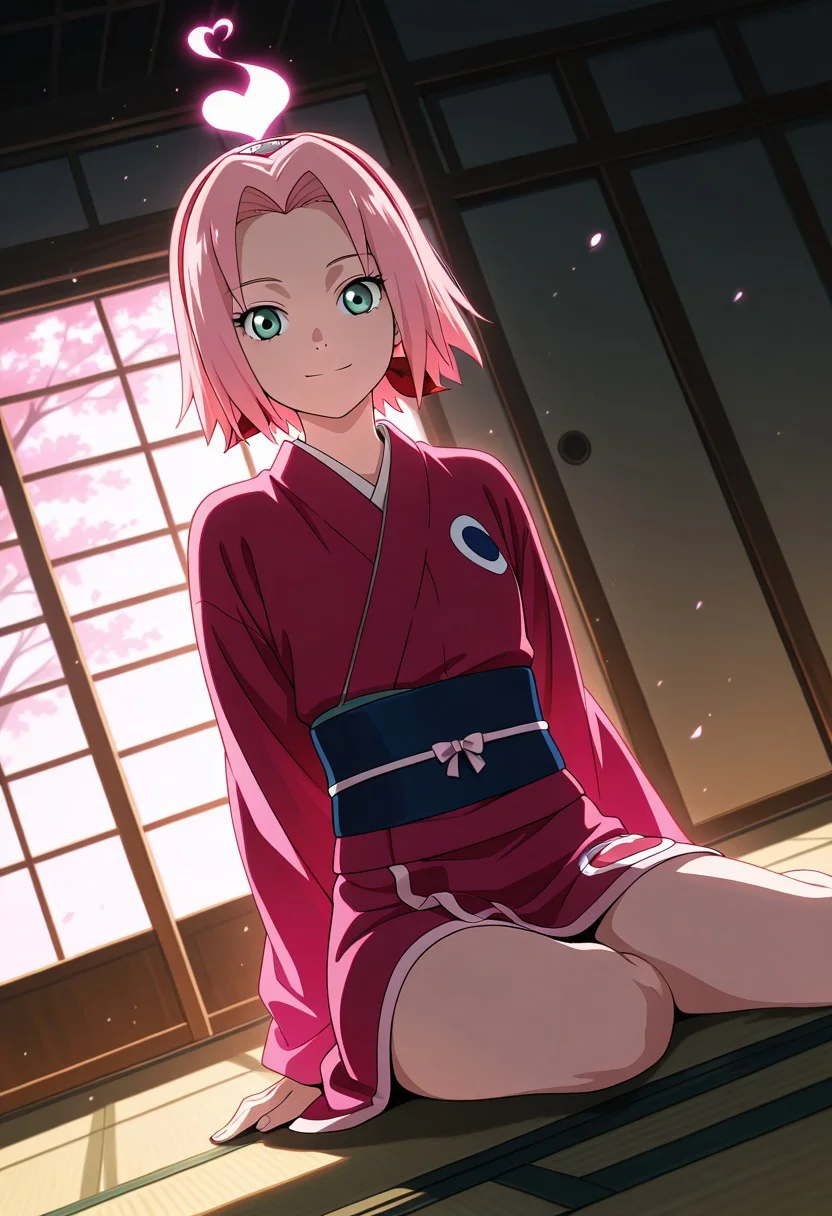 Score_9_up, score_8_up, score_7_up, source_anime, Expressiveh, perfect eyes, 1girl, solo, haruno sakura, pink hair, short hair, green eyes, slim body,Small breasts,
best quality, dynamic pose, dynamic angle, heart, looking at viewer,
pink kimono with red flowers, light reflecting on skin, japanese garden, sunny, godrays, intense lighting, detailed background, playful pose, spirit familair, spirit on head, cheerful, happy, looking at viewer, sitting,Dynamic pink lighting,nightpink particles,
score_9, score_8_up, score_7_up, score_6_up, score_5_up, score_4_up, masterpiece, 4K, quad HD, best quality, high quality, highres, stunning details, highly detailed, ultra detailed, extreme detail, perfect composition, very aesthetic, sharp focus, crisp details, vivid colors, soft lighting, cinematic lighting, dynamic lighting, volumetric lighting, sharp contrast, smooth shading, intricate details, cinematic color grading, clear details, harmonious composition, vibrant colors, ambient lighting, anime-style illustration, vibrant and expressive, ultra-detailed, high-resolution, smooth shading, cel shading, vivid anime colors, best quality, intricate details, elegant pose, cinematic lighting, dynamic composition, anime fantasy background, soft glow, dreamy atmosphere, stunning character design, expressive eyes, 4K HD, anime artstation trending,, ansrd