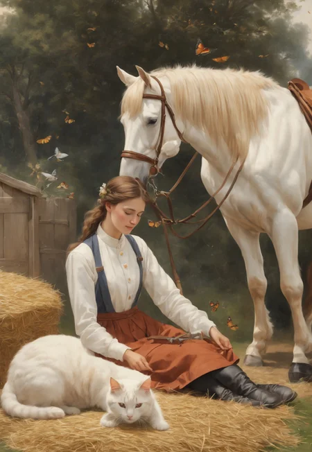 (highres lowres:1.1) (a young woman in a jockey suit combing a horse's mane, a pile of straw lying nearby, a white cat sleeping on a pile of straw, birds and butterflies flying in the air:1.1)