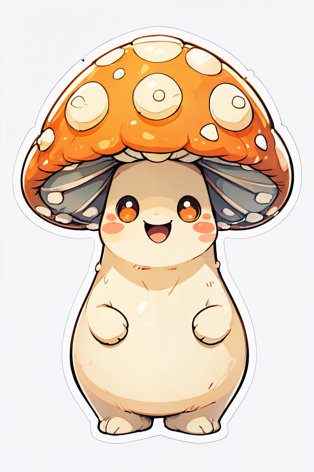 <lora:Kawaii:1>,     =_=, solo, looking at viewer, blush, smile, simple background, white background, full body, :d, no humans, blush stickers, happy, outline, white outline, mushroom, orange mushroom cap,
