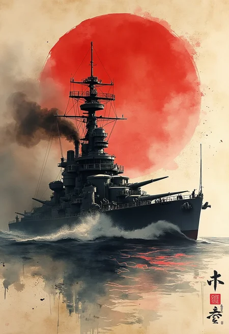 poster art, Expressive Watercolor Ink Wash, Inkplash art on rice paper, sepia, carmine, limited colour palette, Silhouette Art, magnificent, stunning illustration of world war 2 Japanese battleship, Japanese kanji
