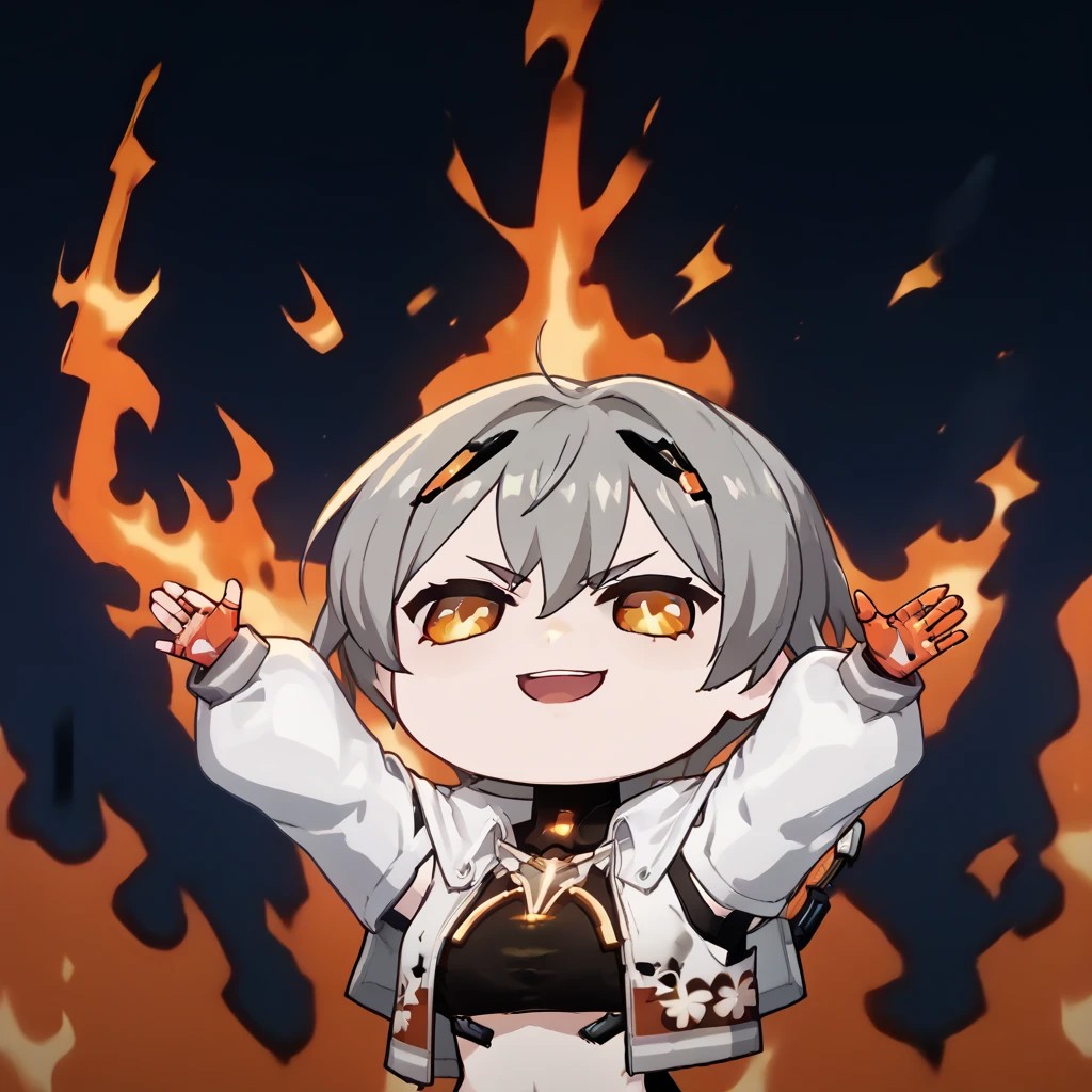 zPDXL3, score_9_up, score_8_up, score_7_up, (Anime_source), 1girl, arms up, fire, outstretched arms, upper Body, burning, (chibi), Fulgor, mech girl, amber eyes, grey hair, short hair, Fulgor clothes, open mouth, evil smile