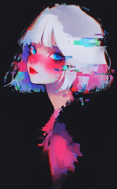 masterpiece, best quality, amazing quality, 1girl, solo, looking at viewer, blush, short hair, blue eyes, simple background, closed mouth, upper body, white hair, from side, lips, black background, portrait, nose, red lips, (glitch:1.3), Karinami Inkblush mode,thick ink outlines,soft marker gradients,era 2020s indie illustration,(Inkblush style:1.2),
watercolor,
mult1c0l0r3d, colorful, multicolored <lora:noobai_ep11_stabilizer_v0.138_fp16:0.3> <lora:Multicolor_Buns:0.6> <lora:XXX667:0.6> <lora:96YOTTEA-WAI:0.6> <lora:wodder:0.7> <lora:Karinami_Inkblush_mode_Illustrious_clean:0.5>