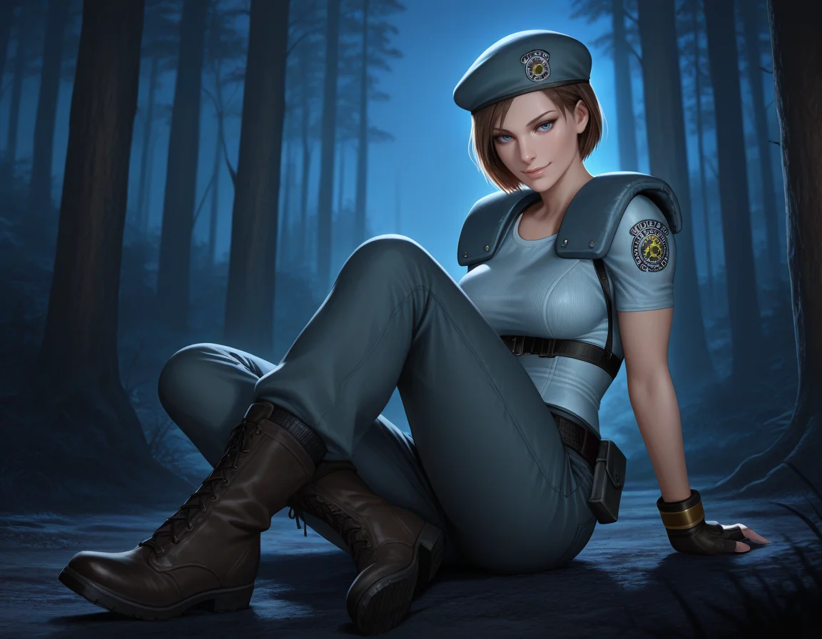 jill valentine, 1girl, beret, blue eyes, breasts, sleeves, pants, boots, smile, seductive pose, full body, backlighting, close-up, night, darkness, outdoors, forest
, masterpiece, best quality, realistic, <lora:IL_RE1Jill_t1-33-64:1>