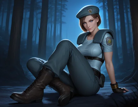 jill valentine, 1girl, beret, blue eyes, breasts, sleeves, pants, boots, smile, seductive pose, full body, backlighting, close-up, night, darkness, outdoors, forest
, masterpiece, best quality, realistic, <lora:IL_RE1Jill_t1-33-64:1>