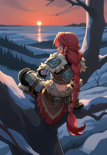 masterpiece, best quality, amazing quality, very aesthetic, absurdres, newest, 8k, detailed background, k3monogo, afkJourneyStyle,
BREAK,
1girl, solo, barbarian , athletic, red hair, blue tattoos, tribal tattoos, midriff, fur armor, fur belt, multiple belts, (in tree:1.3), on branch, high up, from behind, looking away, very long hair, braids, crown braid, heavy armor, metal armor, engraved armor, bright blue eyes,
BREAK, outdoors, horizon, scenery, winter, snow, fantasy background, dark fantasy, dark dramatic palette, dim lit, contrast lit, shade, dappled moonlight, detailed background, dramatic lighting, depth of field, volumetric lighting