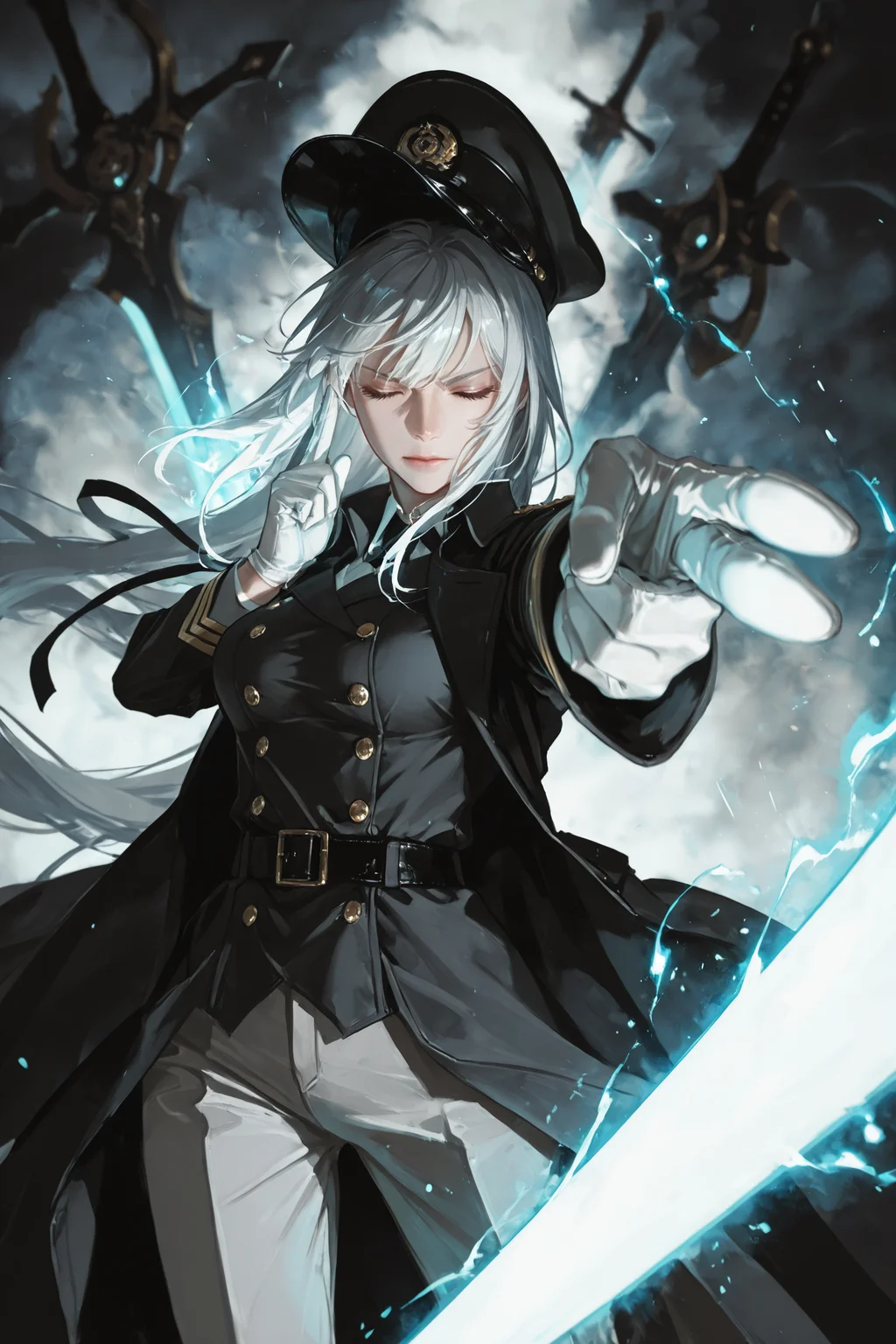 A commanding figure stands in a dynamic pose, exuding power and authority. She is a young woman with long, flowing white hair cascading down her back, and she wears a peaked military cap adorned with a symbol. Her eyes are closed, and her expression is one of intense focus. She is dressed in a black, double-breasted coat with gold buttons, which is open to reveal a white shirt and a black tie. Her gloves are white, and she wears a black ribbon tied around her neck. Her long sleeves are rolled up, and her belt is black, matching her coat. She stands with her right hand extended, pointing at the viewer, and her left hand is raised, holding a glowing energy sword. The sword is floating in front of her, and its glow illuminates her face and the surrounding area. The background is a deep blue, with a dark, ominous atmosphere. The image is dynamic and intense, conveying a sense of power and command. (1girl, solo, long hair, breasts, long sleeves, gloves, hat, ribbon, closed mouth, very long hair, jacket, closed eyes, white hair, grey hair, weapon, pants, belt, white gloves, sword, coat, uniform, black headwear, black ribbon, buttons, glowing, pointing, peaked cap, black belt, black coat, floating, white pants, military hat, double-breasted, grey pants, pointing at viewer, floating object, glowing weapon, energy sword, glowing sword, telekinesis, floating weapon:0.5) masterwork, masterpiece, best quality, detailed, depth of field, , high detail, best quality, very aesthetic, 8k, dynamic pose, depth of field, dynamic angle, adult, aged up