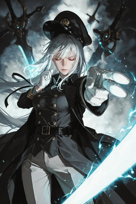 A commanding figure stands in a dynamic pose, exuding power and authority. She is a young woman with long, flowing white hair cascading down her back, and she wears a peaked military cap adorned with a symbol. Her eyes are closed, and her expression is one of intense focus. She is dressed in a black, double-breasted coat with gold buttons, which is open to reveal a white shirt and a black tie. Her gloves are white, and she wears a black ribbon tied around her neck. Her long sleeves are rolled up, and her belt is black, matching her coat. She stands with her right hand extended, pointing at the viewer, and her left hand is raised, holding a glowing energy sword. The sword is floating in front of her, and its glow illuminates her face and the surrounding area. The background is a deep blue, with a dark, ominous atmosphere. The image is dynamic and intense, conveying a sense of power and command. (1girl, solo, long hair, breasts, long sleeves, gloves, hat, ribbon, closed mouth, very long hair, jacket, closed eyes, white hair, grey hair, weapon, pants, belt, white gloves, sword, coat, uniform, black headwear, black ribbon, buttons, glowing, pointing, peaked cap, black belt, black coat, floating, white pants, military hat, double-breasted, grey pants, pointing at viewer, floating object, glowing weapon, energy sword, glowing sword, telekinesis, floating weapon:0.5) masterwork, masterpiece, best quality, detailed, depth of field, , high detail, best quality, very aesthetic, 8k, dynamic pose, depth of field, dynamic angle, adult, aged up