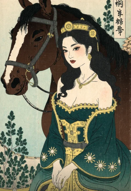 Ukiyo-e style by Katsushika Hokusai of a woman and a horse, the woman, with long, wavy black hair cascading over her shoulders, is dressed in an elegant, dark green, off-the-shoulder gown adorned with intricate gold embroidery and floral patterns, her skin is pale, and her makeup is dramatic, with dark eyeliner and red lipstick, she wears a golden headpiece with intricate designs and a matching tiara, adding to her regal appearance, the horse, with a dark brown coat and a white blaze, is adorned with a black bridle and a golden halter, the background is blurred, but it appears to be a misty, ethereal forest with blurred trees and a hint of a castle or fortress in the distance, the overall mood is one of mystery and enchantment, with the woman and the horse as the central subjects,<lora:CustomFlux/Katsushika_Hokusai.safetensors:1.0:1.0>