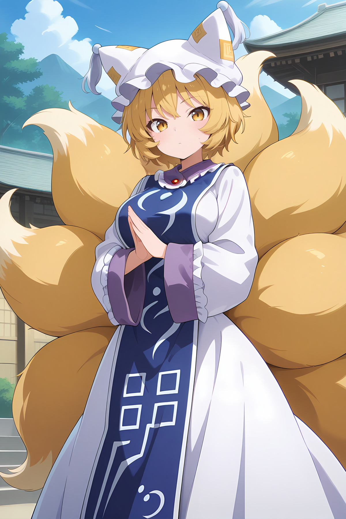 absurdres, highres, masterpiece, best quality, amazing quality, official anime artwork, screencap, anime screencap, outdoors, looking at viewer, dynamic pose, joint arms, 
 <lora:Yakumo-Ran_Illustrious:1> yakumo ran, 1girl, solo, yellow eyes, blonde hair,  short hair, multiple tails, fox tail, fox ears,, hat, white headwear, ofuda, tabard, white dress, long dress, frills, long sleeves, wide sleeves
