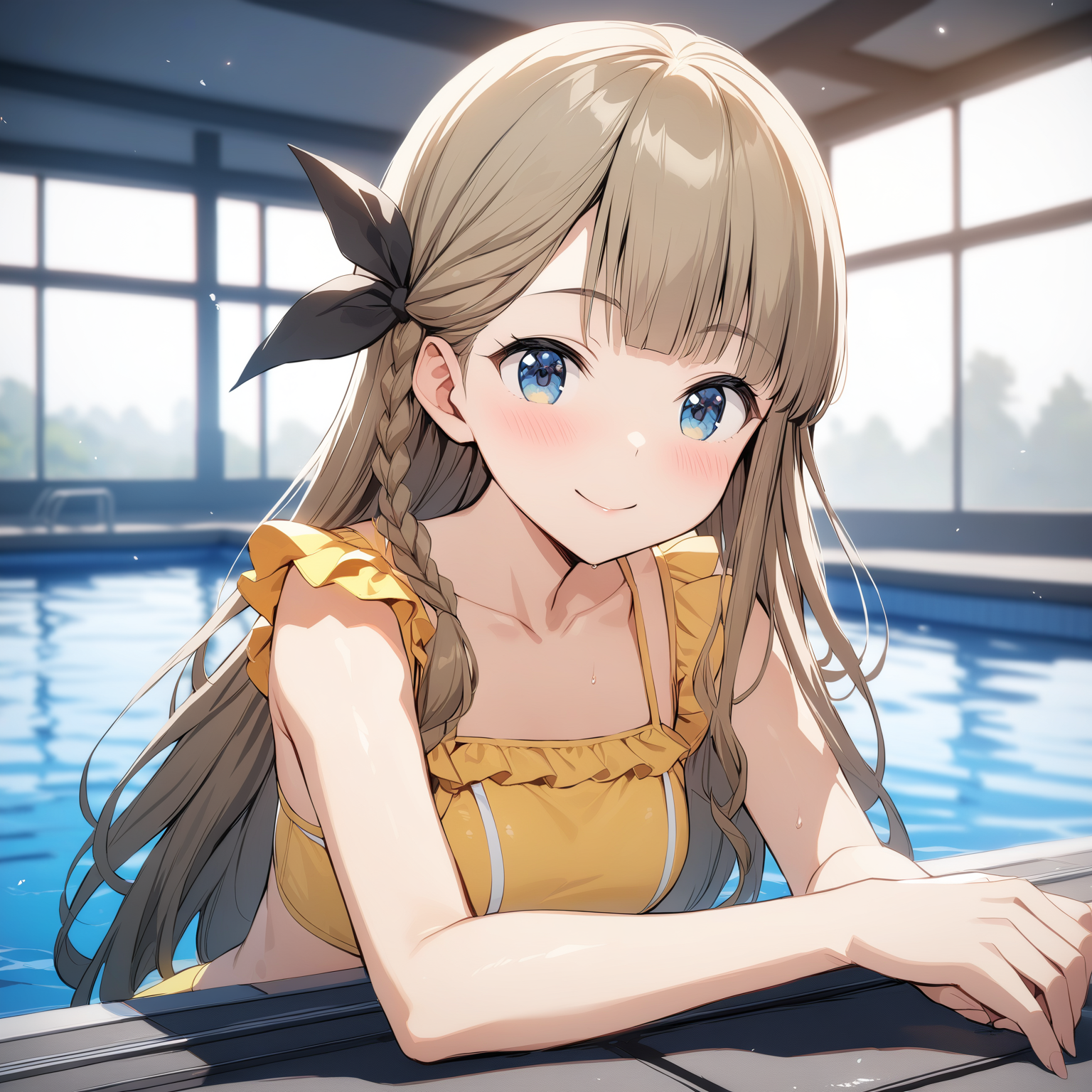 [high quality, best quality], cinematic, 1girl, solo, narumiya suzu, hair bow, yellow frills swimsuit, smile, blush, pool, bloom, hdr, <lora:suz:0.72>