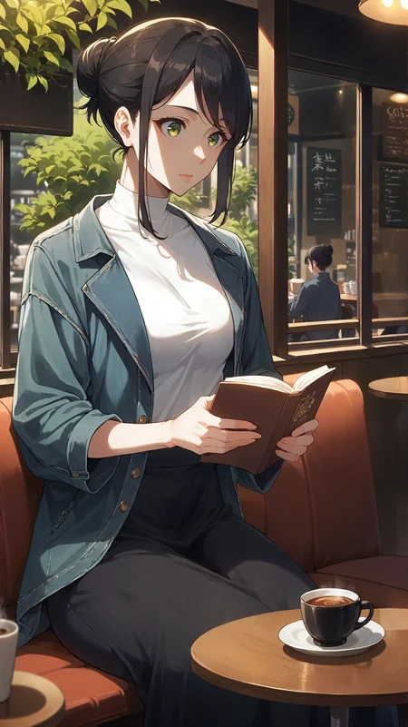 score_9,score_8_up,score_7_up,score_6_up, <lora:xl_more_art-full_v1:0.5>, source_anime, girl, dynamic pose, reading, sitting, <lora:Heejin Park - Pony-000004:0.9>, black hair, green eyes, hair up, white shirt, denim jacket, black skirt, long dress, cafe, coffee shop, soft lighting,