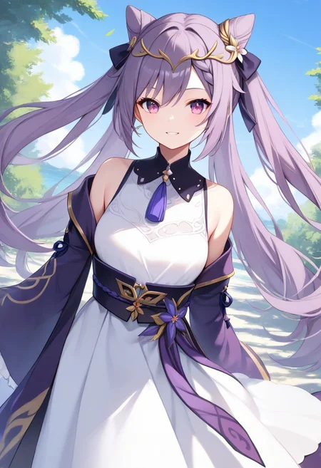 score_9, score_8_up, score_7_up, source_anime, best quality, masterpiece, 1girl, solo, smile. dutch angle, outdoors, sky,
keqingcs, purple hair, cone hair bun, purple eyes, long hair, double bun, braid, twintails, 
circlet, purple cape, white dress, off-shoulder dress, wide sleeves, long dress, purple belt