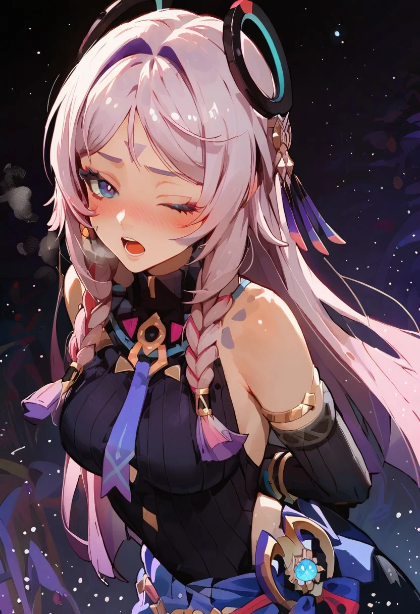 (score_9, score_8_up, score_7_up), detailed background, night, volumetric lighting, vivid colours, g0thicPXL, lilandavastyle, Expressiveh,
BREAK citlali \(genshin impact\), fingerless gloves, armlet, sarong, facial mark, bracelet, ring hair ornament, turtleneck leotard, leg tatoo, single gauntle, upper body, looking at viewer, close up, heavy blush, hands behind back, open mouth, one eye closed, moaning, heavy breath,