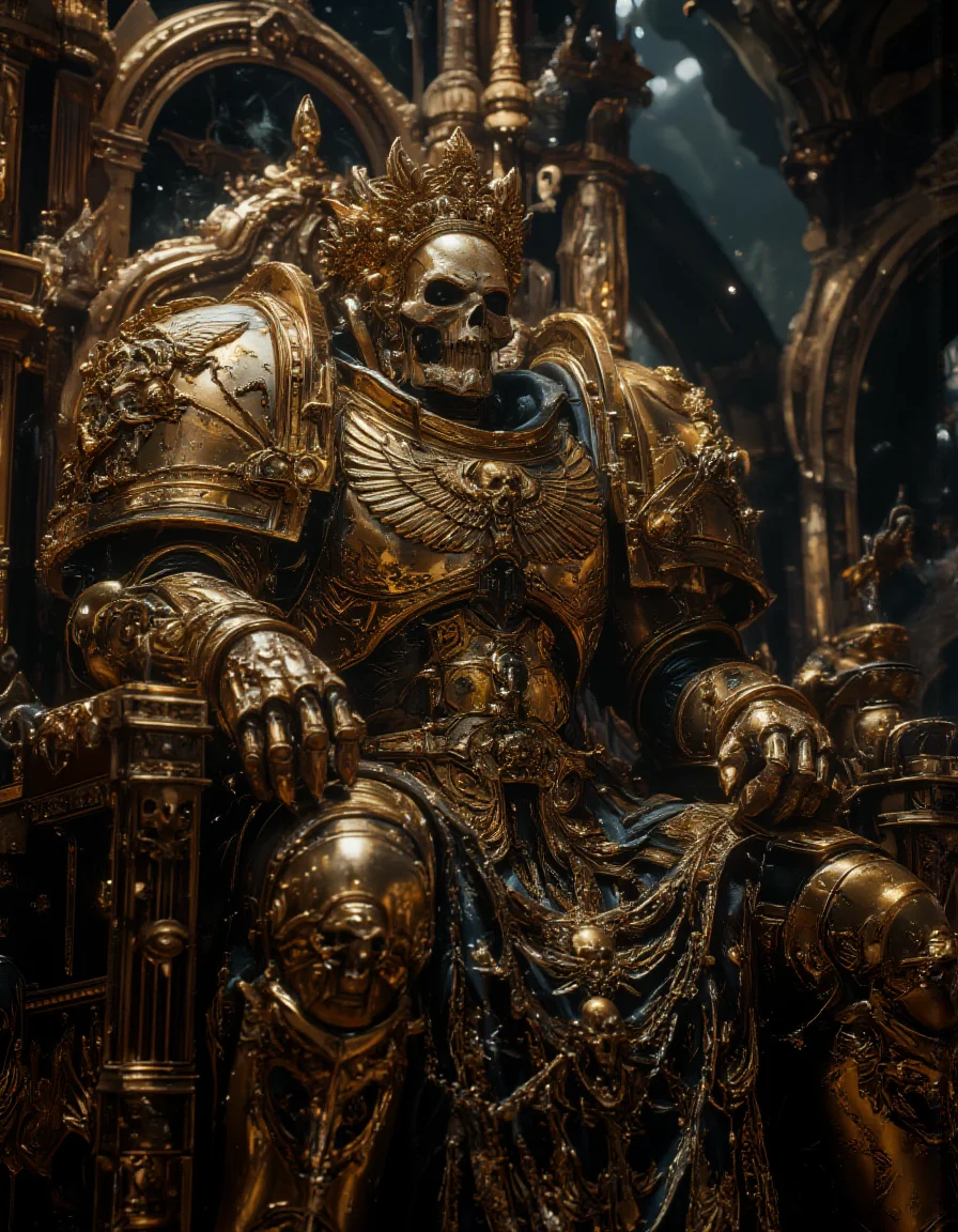 ultrareal photo of Emperor of Humanity from Warhammer 40k in space marine armor sitting on the golden throne, big scary wires connected from all sides to the throne, golden laurel wreath on the skull head, glowing eyes, moody atmosphere, backgound is churge with beatiful windows, golden armor <lora:flux_realism_lora:0.9> <lora:Sinfully_Stylish_.02_for_FLUX:0.9> <lora:lora:0.6> <lora:sm2:0.8> <lora:v1v1dr34m:0.9>