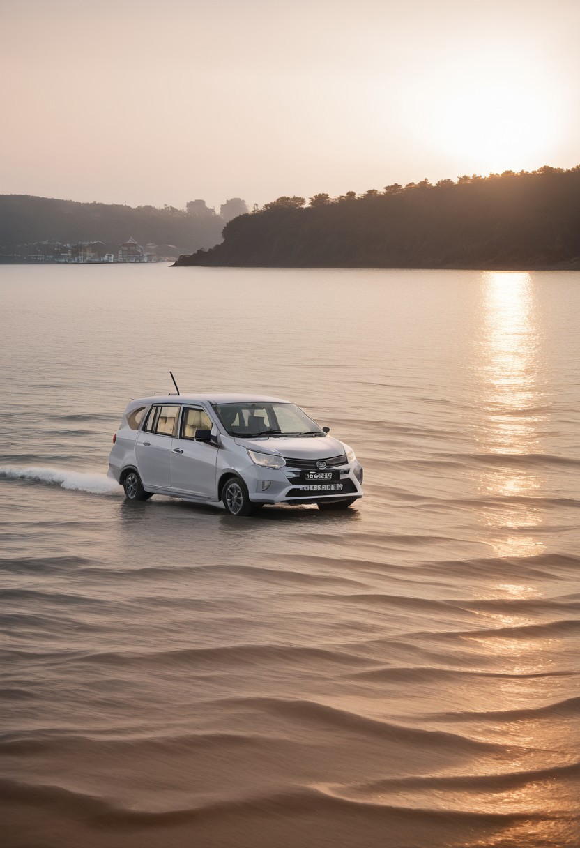 high resolution, best quality, Car, Daihatsu Sigra, Seaside town, fishing boats, early morning,