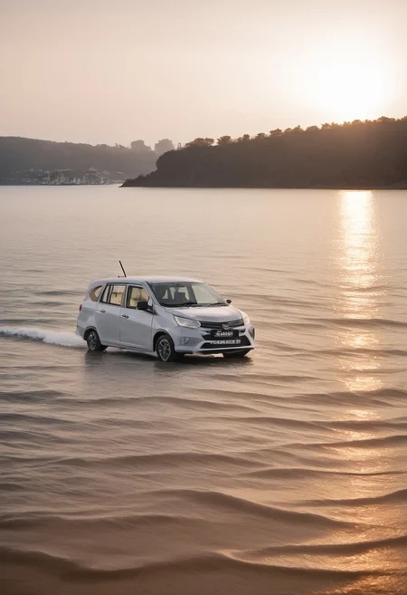 high resolution, best quality, Car, Daihatsu Sigra, Seaside town, fishing boats, early morning,