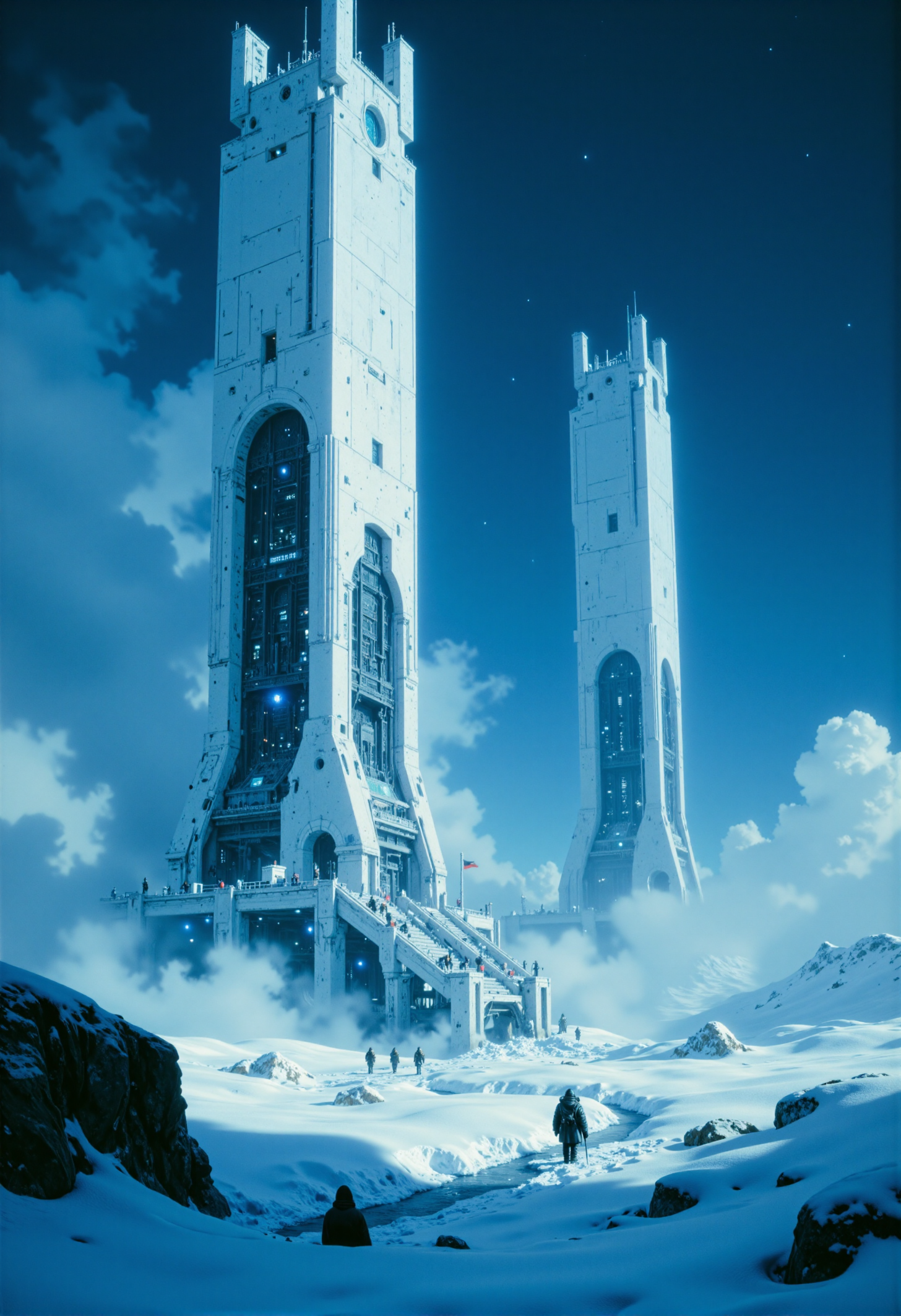 highest details, ultra hyper realism. highly detailed and realistic. intricate and highly professional artwork, an absolute masterpiece.
image in blues and white, with bold, angular lines. colossal sci-fi white towers on a field of ice and snow, piercing the evening mist. The environment feels almost serene, with no wind, just a light dusting of snow gently falling from the sky. The snow at the base of the towers is untouched, forming pristine, sparkling blankets, while the top of each tower shimmers with a slight frost that has settled on the steel. The station's lights are a soft blue, contrasting gently with the whiteness of the structures. In the distance, other white towers fade toward the horizon, creating a sense of endlessness. Dark gradient blue late evening sky
<lora:artilands_v02_epoch_6:0.8>  <lora:Elden_Ring_-_Yoshitaka_Amano:0.0> <lora:FluxMythP0rtr4itStyle:0> mythp0rt <lora:flux.1_lora_flyway_Epic-Characters_v1:0.3>  <lora:Cinematic Film style v1.0:0.0> <lora:GrainScape:0.8> 8n8log, film photography aesthetic, film grain effect prominent throughout image, high contrast lighting creating dramatic shadows, grainy film-like texture