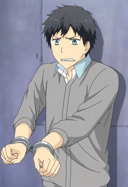 high resolution, solo, best quality, 1Boy, Arata Kaizaki, Black Hair, Blue Eyes, arrested, restrained, struggling, handcuffs, interrogated, interrogation room, OverallDetail