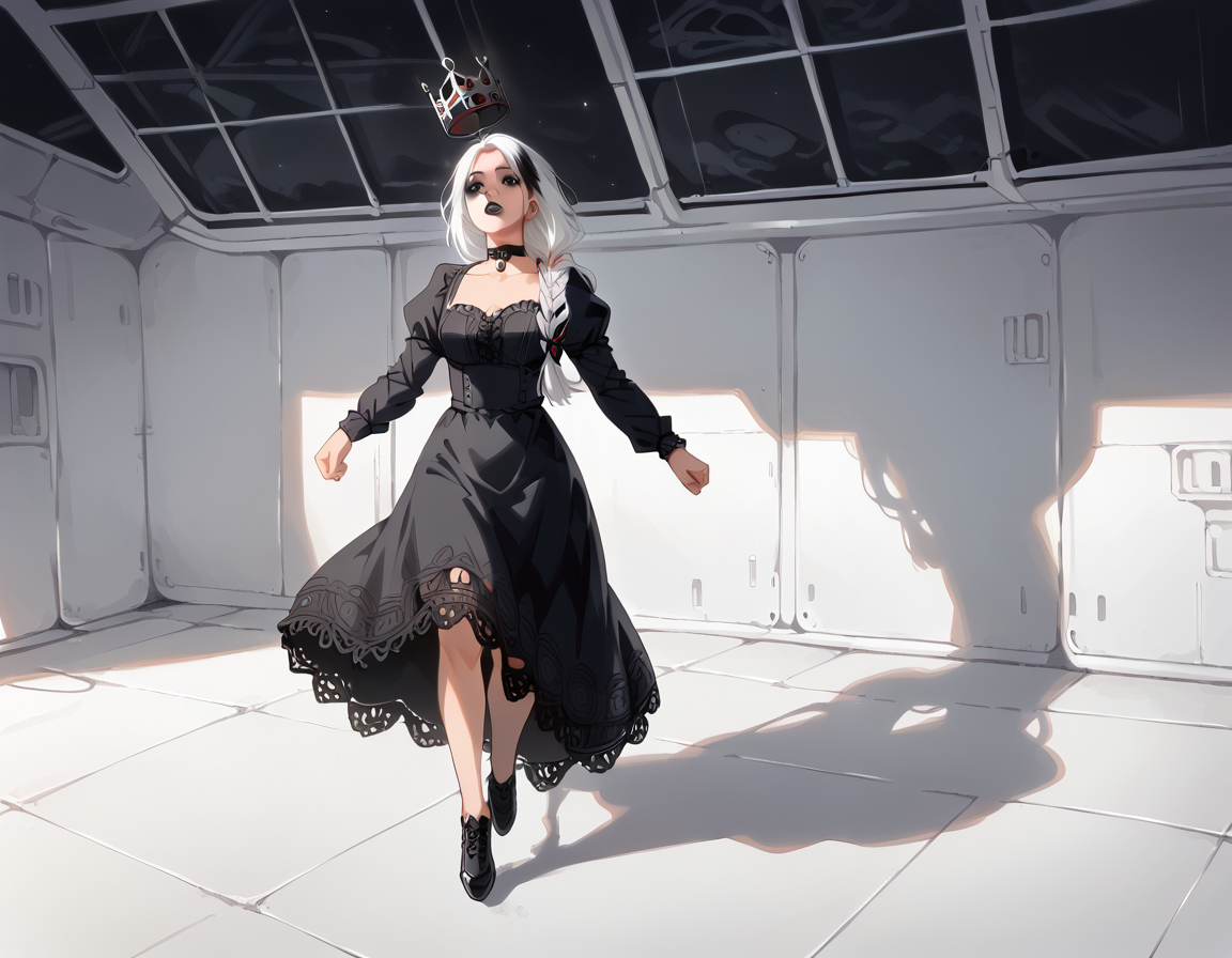 (score_9,score_8_up,score_7_up:1), 1girl, full body, cinematic panning shot, horror, (shadow contrast, cinematic lighting), sexy, (goth, (black lipstick, black mascara, black eyeshadow)), (skinny), white hair red highlights, queens braid hairstyle, choker, eyeshadow)), (alabaster soft skin), pawg, wide hips, milf, <lora:butt:1>, (Running), haze space ship, (long sleeves, puffy sleeves, black dress, lace dress, large crown,), <lora:NicolaSamori:1>