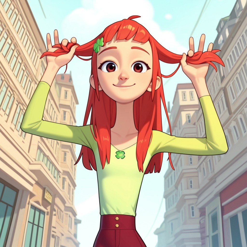 LuckyGirl, 1 girl, alone, red hair with Trevor's 4-leaf clover symbol in her hair, light green shirt with dark green long sleeves
Lucky girl standing with one hip raised, long hair, hands arranging and spreading her hair, breeze blowing the wind. On top of a building, with thin clouds above buildings, bangs, looking at the viewer. Half body, smile