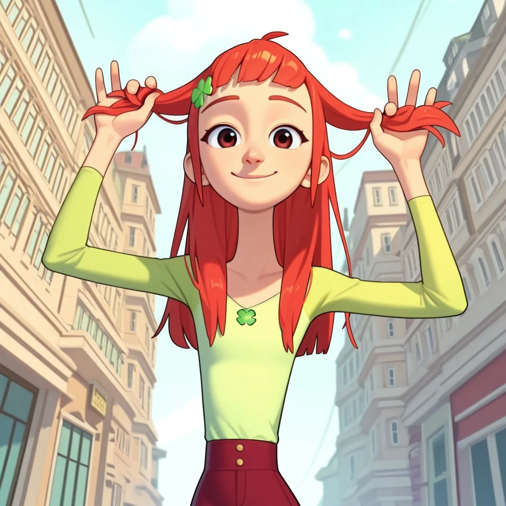LuckyGirl, 1 girl, alone, red hair with Trevor's 4-leaf clover symbol in her hair, light green shirt with dark green long sleeves
Lucky girl standing with one hip raised, long hair, hands arranging and spreading her hair, breeze blowing the wind. On top of a building, with thin clouds above buildings, bangs, looking at the viewer. Half body, smile