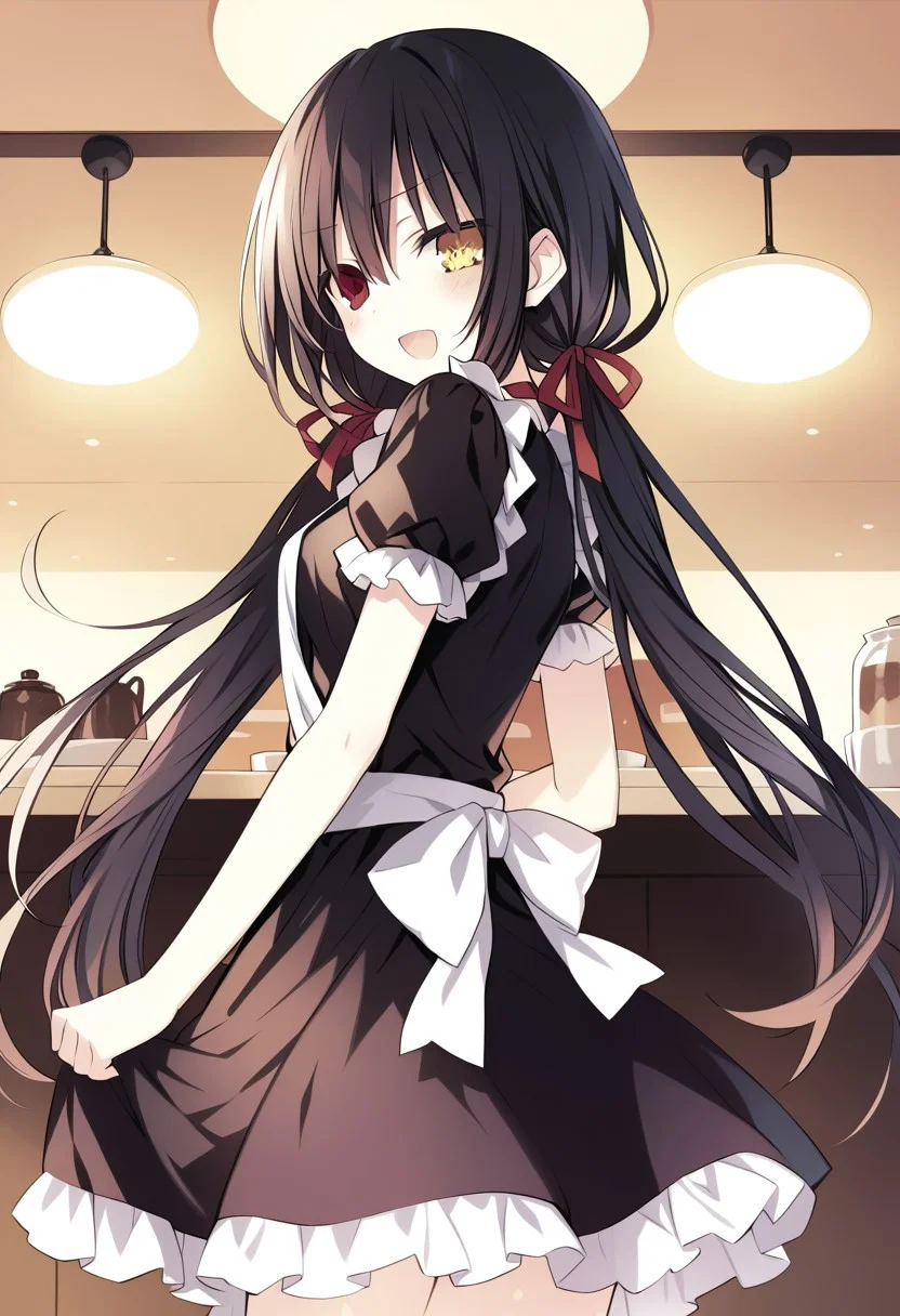8k, highres,novel illustration,best quality, masterpiece, highly detailed,1girl,solo,date a live,tsunako,tokisaki kurumi,long hair,black hair,twintails,low twintails, red ribbon, heterochromia,clock eyes,symbol-shaped pupils,yellow left eye, red right eye, breasts,medium breasts, floating_hair,
jyojifuku,frills, white apron, black maid cloth,
smile, open mouth, standing, looking at viewer, from behind, indoors, downtown, cafe