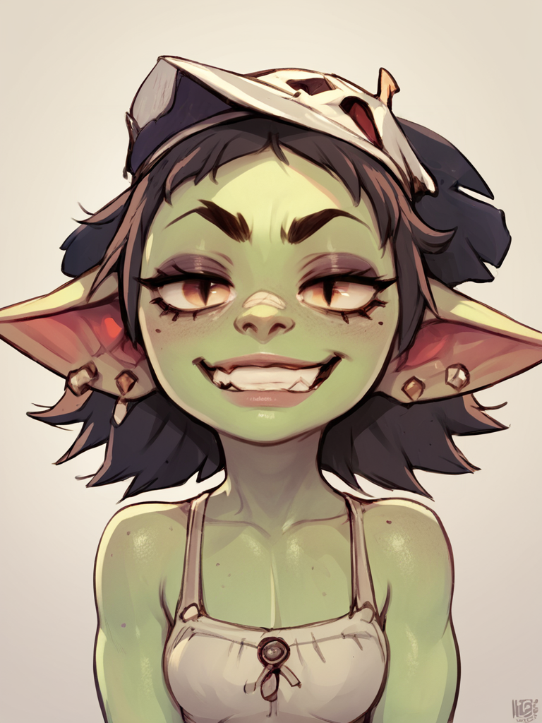 goblin, 1girl, green skin, earrings <lora:Goblin-000011:1>, grin,, score_9, score_8_up, score_7_up, score_6_up, score_5_up, score_4_up, BREAK