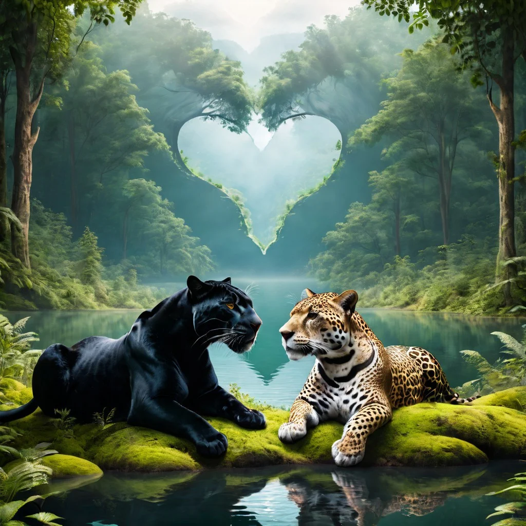 A panther and a jaguar laying together in the forest, (the negative space making an heart shape between them), looking out over a lake.
masterpiece, 8k, high definition