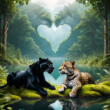 A panther and a jaguar laying together in the forest, (the negative space making an heart shape between them), looking out over a lake.
masterpiece, 8k, high definition