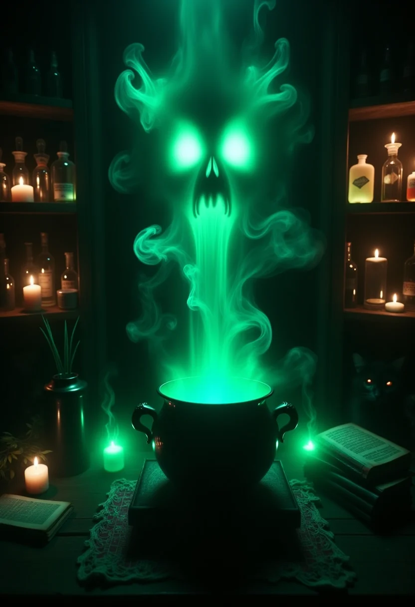 Ghostlystyle,A witch’s cauldron bubbles over with bright green smoke that forms the shape of a face in a dark, candlelit room filled with dusty spellbooks and strange potions. Vials glow with mysterious liquids, and her black cat watches from a shelf. The faint sound of whispers echoes through the room, as the cauldron begins to glow unnaturally